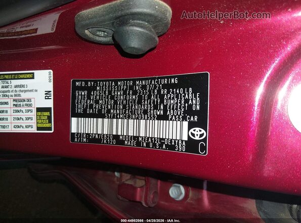 5YFT4MCE3NP098552 2022 TOYOTA LL Red Вид підкапотного простору