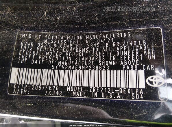 5YFVPMAE9MP238623 2021 TOYOTA LL Черный Вид подкапотного пространства