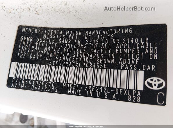 5YFVPRAEXLP084550 2020 TOYOTA LL White Vista del compartimento del motor
