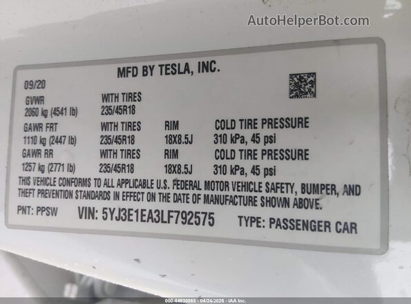 5YJ3E1EA3LF792575 2020 TESLA MODEL 3 White Вид підкапотного простору