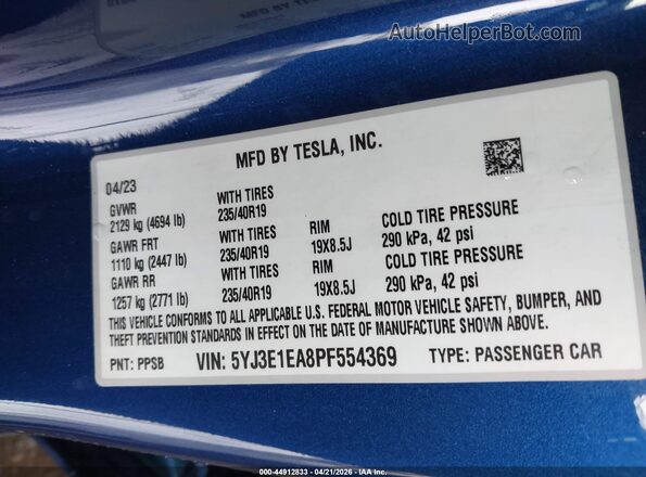 5YJ3E1EA8PF554369 2023 TESLA MODEL 3 Blue 