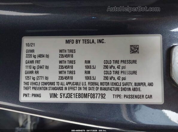 5YJ3E1EB0MF087792 2021 TESLA MODEL 3 Gray Widok komory silnika