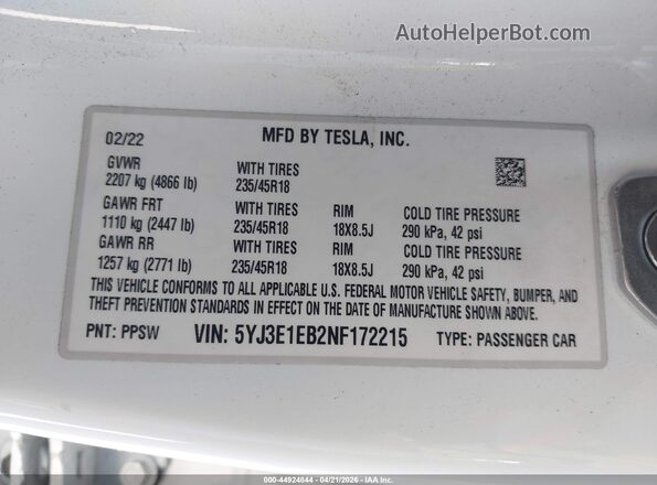 5YJ3E1EB2NF172215 2022 TESLA MODEL 3 White ძრავის განყოფილების ხედი