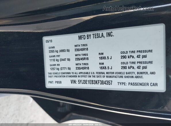 5YJ3E1EB3KF384357 2019 TESLA MODEL 3 Черный 