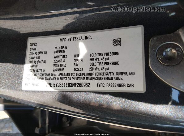 5YJ3E1EB3NF260982 2022 TESLA MODEL 3 Black Engine compartment view