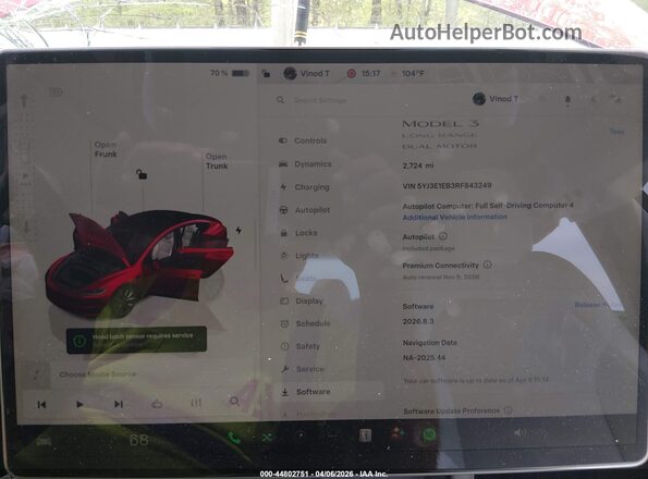 5YJ3E1EB3RF843249 2024 TESLA MODEL 3 Red უკანა სავარძლების ხედი