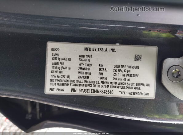 5YJ3E1EB4NF343546 2022 TESLA MODEL 3 Gray 