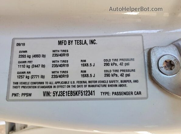 5YJ3E1EB5KF512341 2019 TESLA MODEL White Vista del compartimento del motor