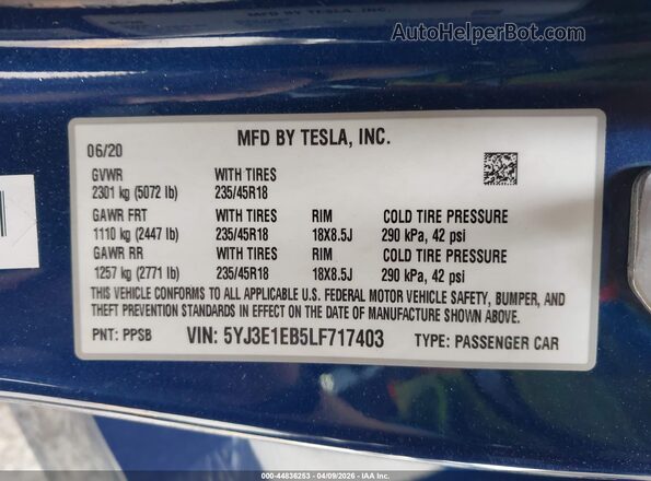 5YJ3E1EB5LF717403 2020 TESLA MODEL 3 Blue Engine compartment view