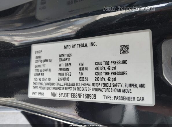 5YJ3E1EB8NF160909 2022 TESLA MODEL 3 Black Engine compartment view