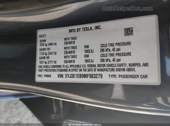 5YJ3E1EB9MF983279 2021 TESLA MODEL 3 Black Vista del compartimento del motor