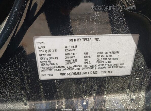 5YJYGAEE3MF112582 2021 TESLA MODEL Y Black Widok komory silnika