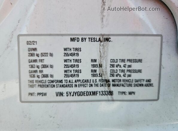 5YJYGDEDXMF133308 2021 TESLA MODEL Белый Вид наклейки с VIN-кодом