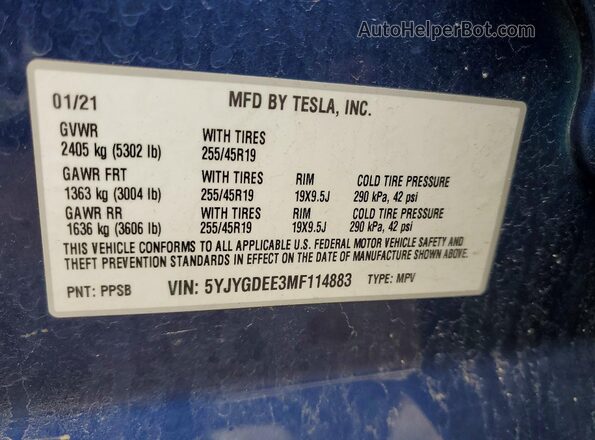 5YJYGDEE3MF114883 2021 TESLA MODEL Blue Engine compartment view
