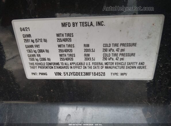 5YJYGDEE3MF184528 2021 TESLA MODEL Y Серый Вид подкапотного пространства