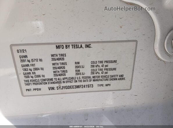 5YJYGDEE3MF241973 2021 TESLA MODEL Y White Вид підкапотного простору