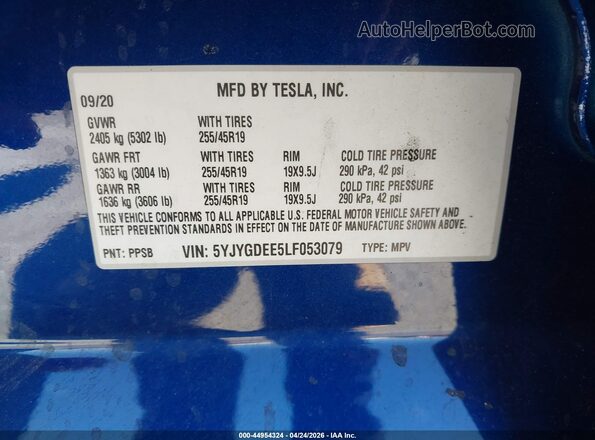 5YJYGDEE5LF053079 2020 TESLA MODEL Y Blue Vista del compartimento del motor