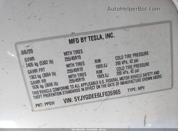5YJYGDEE6LF035965 2020 TESLA MODEL Y White Vista del compartimento del motor