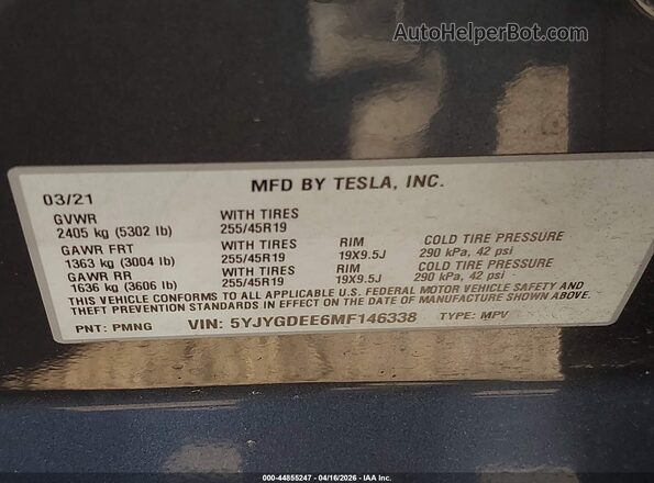 5YJYGDEE6MF146338 2021 TESLA MODEL Y Gray Вид наклейки з VIN-кодом