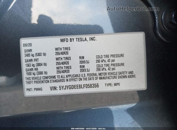 5YJYGDEE8LF058356 2020 TESLA MODEL Y Серый Вид подкапотного пространства