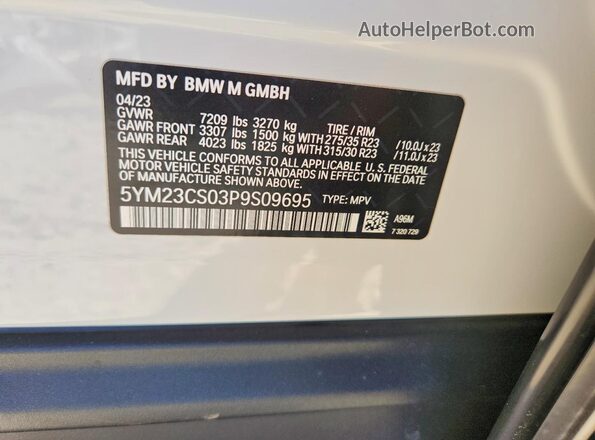 5YM23CS03P9S09695 2023 BMW XM White Вид наклейки з VIN-кодом