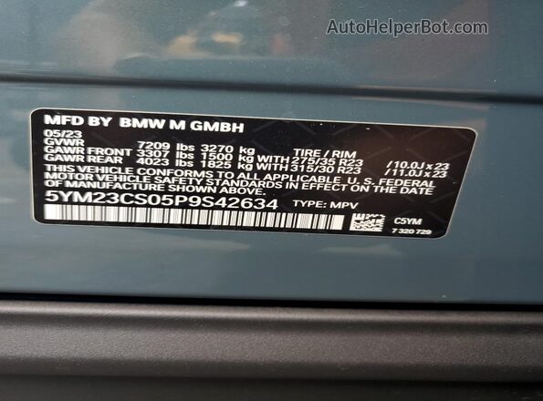 5YM23CS05P9S42634 2023 BMW XM Бирюзовый Вид наклейки с VIN-кодом
