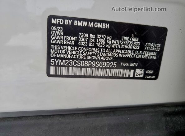 5YM23CS08P9S69925 2023 BMW XM White VIN კოდის სტიკერის ხედი