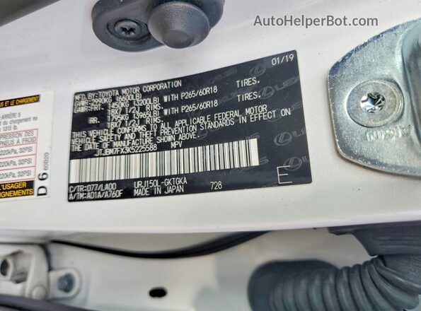 JTJBM7FX3K5225588 2019 LEXUS GX White Vista de la etiqueta del VIN