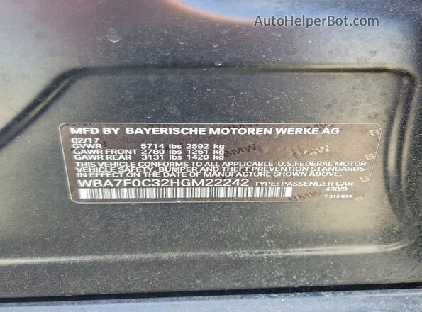 WBA7F0C32HGM22242 2017 BMW 7 SERIES Black VIN კოდის სტიკერის ხედი