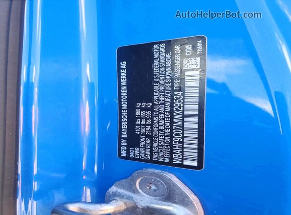 WBAHF9C07MWX29534 2021 BMW Z4 Blue VIN կոդի պիտակի տեսք
