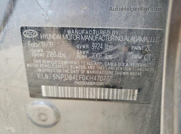 5NPD84LF0KH470777 2019 HYUNDAI ELANTRA Gray Widok naklejki z numerem VIN