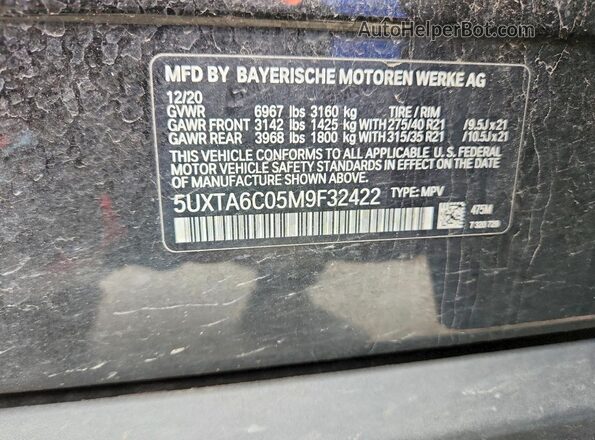 5UXTA6C05M9F32422 2021 BMW X5 Черный 