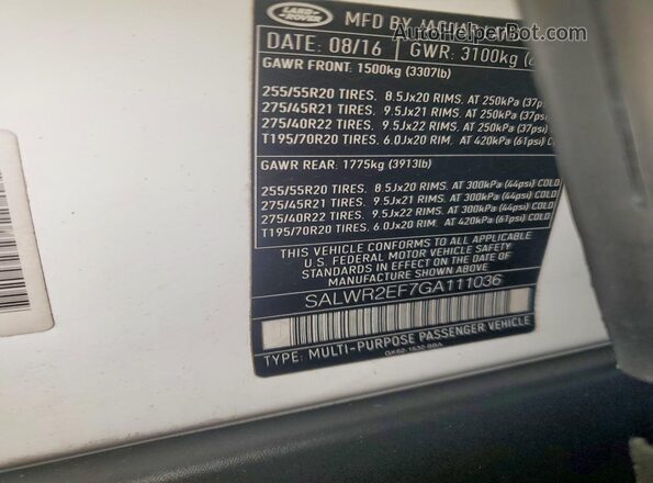 SALWR2EF7GA111036 2016 LAND ROVER RANGE ROVER White VIN კოდის სტიკერის ხედი