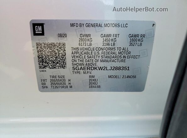 5GAERDKW2LJ288351 2020 BUICK ENCLAVE White სალონის 360-გრადუსიანი ხედი