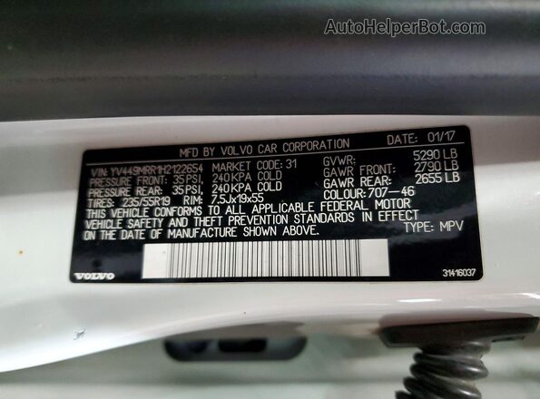 YV449MRR1H2122654 2017 VOLVO XC60 White 