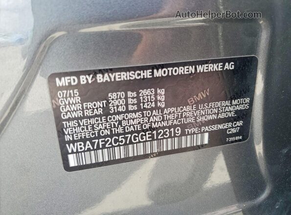 WBA7F2C57GGE12319 2016 BMW 7 SERIES Gray VIN կոդի պիտակի տեսք