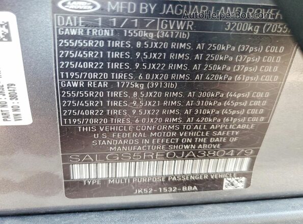 SALGS5RE0JA380479 2018 LAND ROVER RANGE ROVER Серый Вид наклейки с VIN-кодом