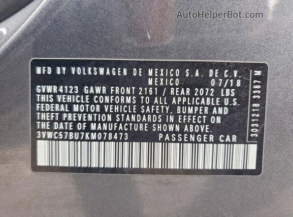 3VWC57BU7KM078473 2019 VOLKSWAGEN JETTA Gray Widok naklejki z numerem VIN