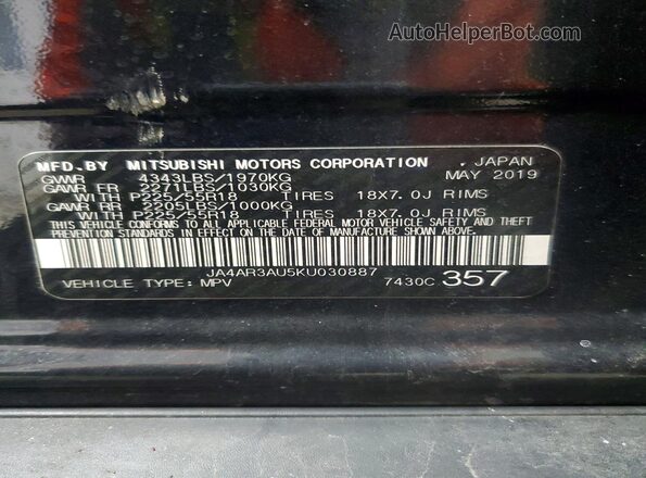 JA4AR3AU5KU030887 2019 MITSUBISHI OUTLANDER Black 