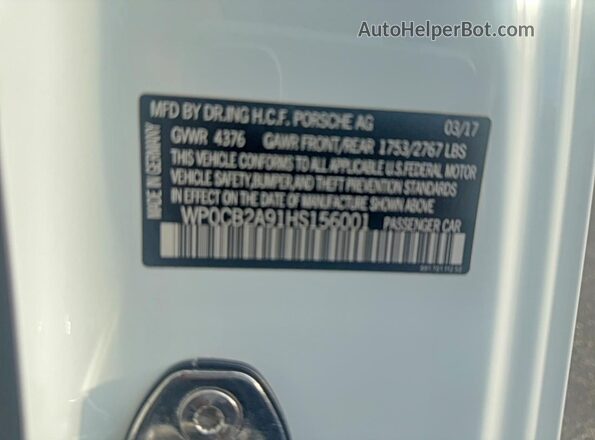 WP0CB2A91HS156001 2017 PORSCHE 911 White უკანა სალონის ხედი