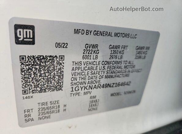 1GYKNAR49NZ164642 2022 CADILLAC XT5 White VIN sticker view