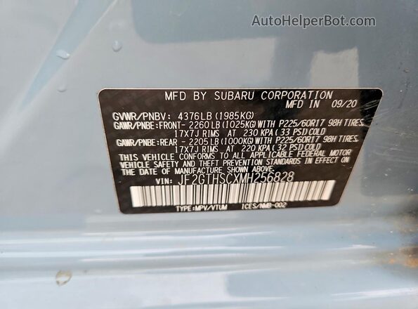 JF2GTHSCXMH256828 2021 SUBARU ALL Blue VIN კოდის სტიკერის ხედი