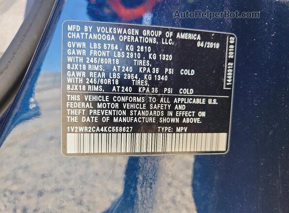 1V2WR2CA4KC558627 2019 VOLKSWAGEN ATLAS Blue 