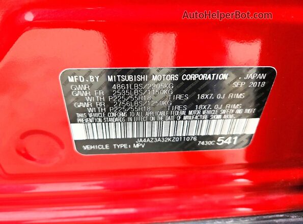 JA4AZ3A32KZ011076 2019 MITSUBISHI OUTLANDER Red 