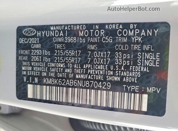 KM8K62AB6NU870429 2022 HYUNDAI KONA Silver 