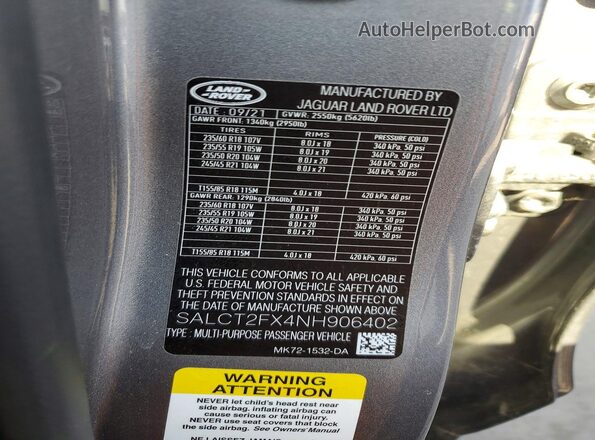 SALCT2FX4NH906402 2022 LAND ROVER DISCOVERY Gray სალონის 360-გრადუსიანი ხედი