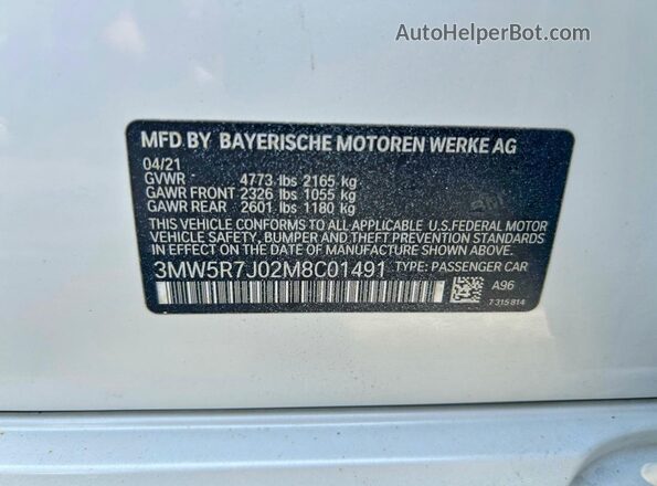3MW5R7J02M8C01491 2021 BMW 3 SERIES White Vista de los asientos traseros