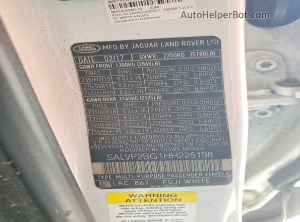SALVP2BG1HH225198 2017 LAND ROVER RANGE White 