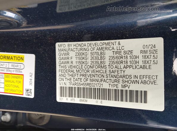 7FARS5H55RE021721 2024 HONDA CR-V Blue ძრავის განყოფილების ხედი