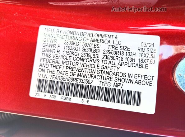 7FARS5H86RE033502 2024 HONDA CR-V Red VIN կոդի պիտակի տեսք